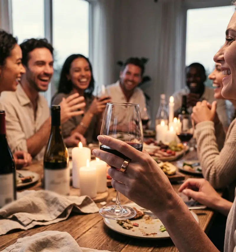 Freunde lachen bei einem Abendessen mit Kerzenlicht, im Vordergrund eine Hand mit Weinglas und dem VYTA Ring