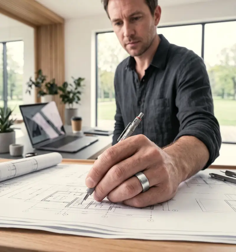 Ein Architekt zeichnet konzentriert an einem Grundriss, am Finger den VYTA Ring in Silber