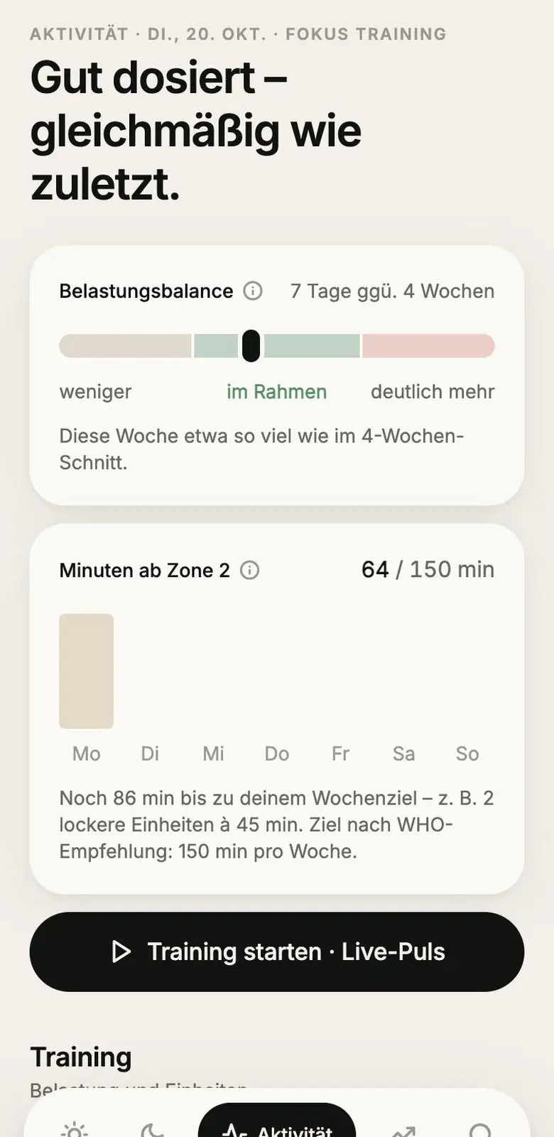 VYTA App, Aktivität: Gut dosiert, Belastungsbalance im Rahmen, Minuten ab Zone 2