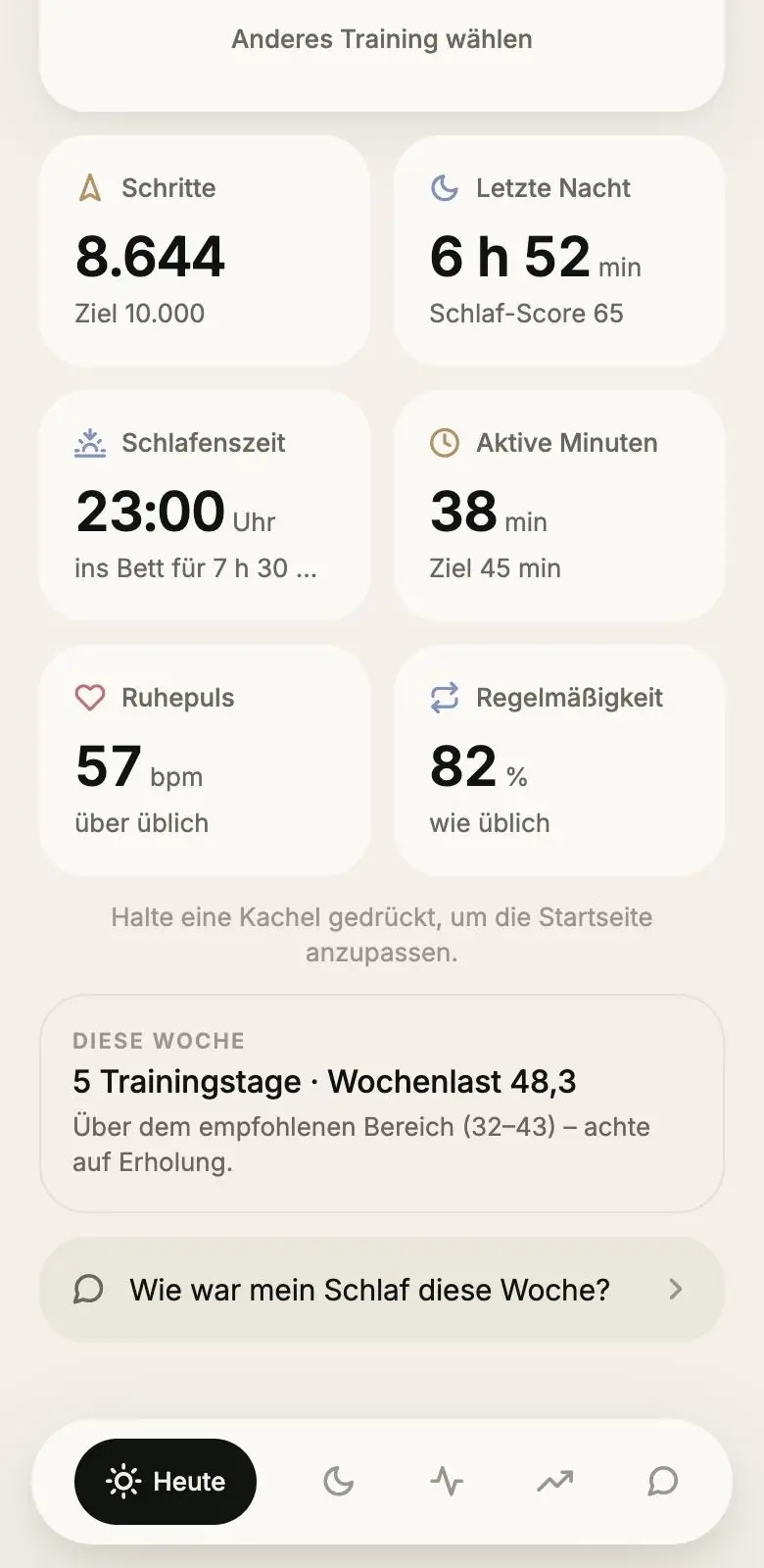 VYTA App, Heute mit der Vorlage Fokus Alltag: Schritte, letzte Nacht, Schlafenszeit, aktive Minuten, Ruhepuls, Regelmäßigkeit