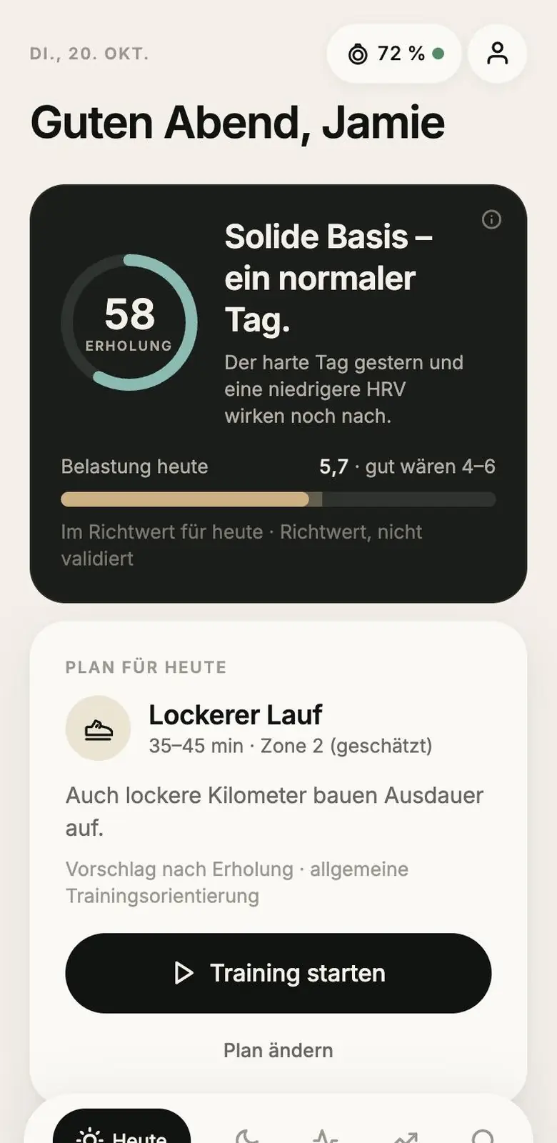 VYTA App, Heute: Tagesbriefing mit Erholung 58, Solide Basis – ein normaler Tag, Belastung heute und Plan
