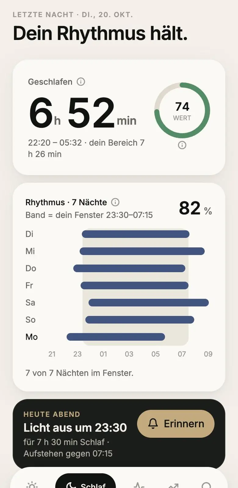 VYTA App, Schlaf: Dein Rhythmus hält, 6 Stunden 52 Minuten, sieben Nächte im Fenster, Licht aus um 23:30