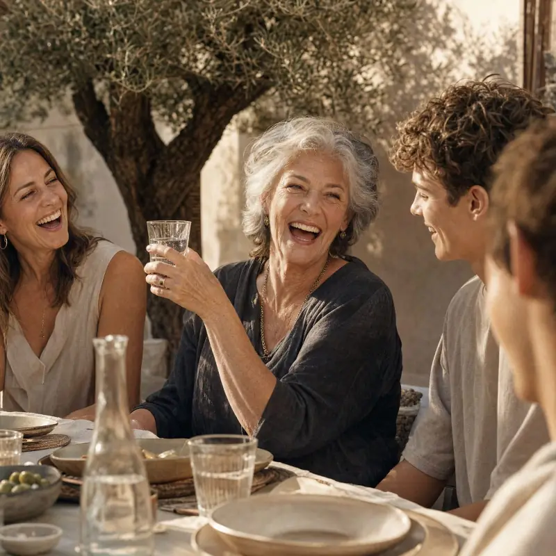Eine Großmutter mit VYTA Ring lacht mit ihrer Familie beim Mittagessen auf der Terrasse und hebt ihr Glas