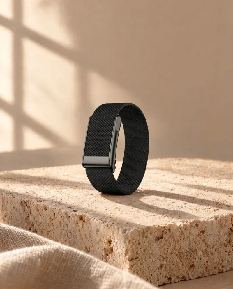 VYTA Fitnessband ohne Display in Schwarz auf einem Travertinblock im Morgenlicht