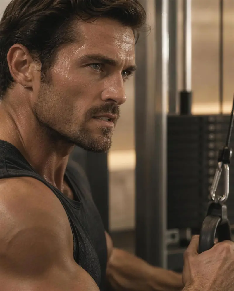 Ein Mann zieht konzentriert am Kabelturm im Fitnessstudio