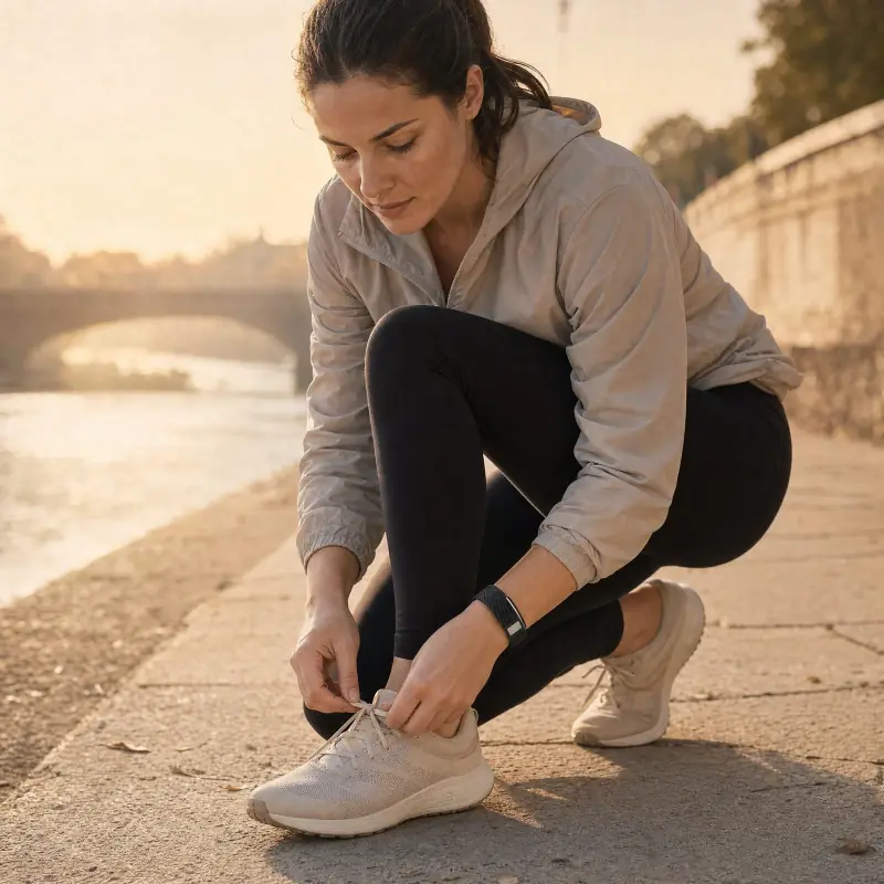 Eine Läuferin mit VYTA Band bindet morgens an einem Flussufer ihre Laufschuhe