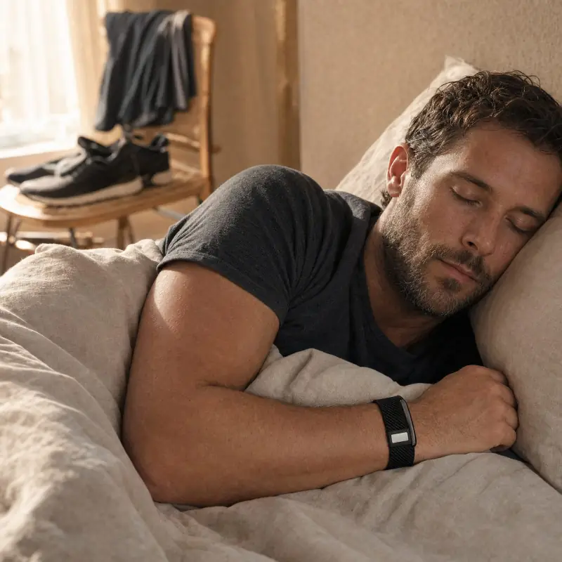 Ein Mann mit VYTA Band schläft morgens tief und ruhig, im Hintergrund Laufschuhe auf einem Stuhl